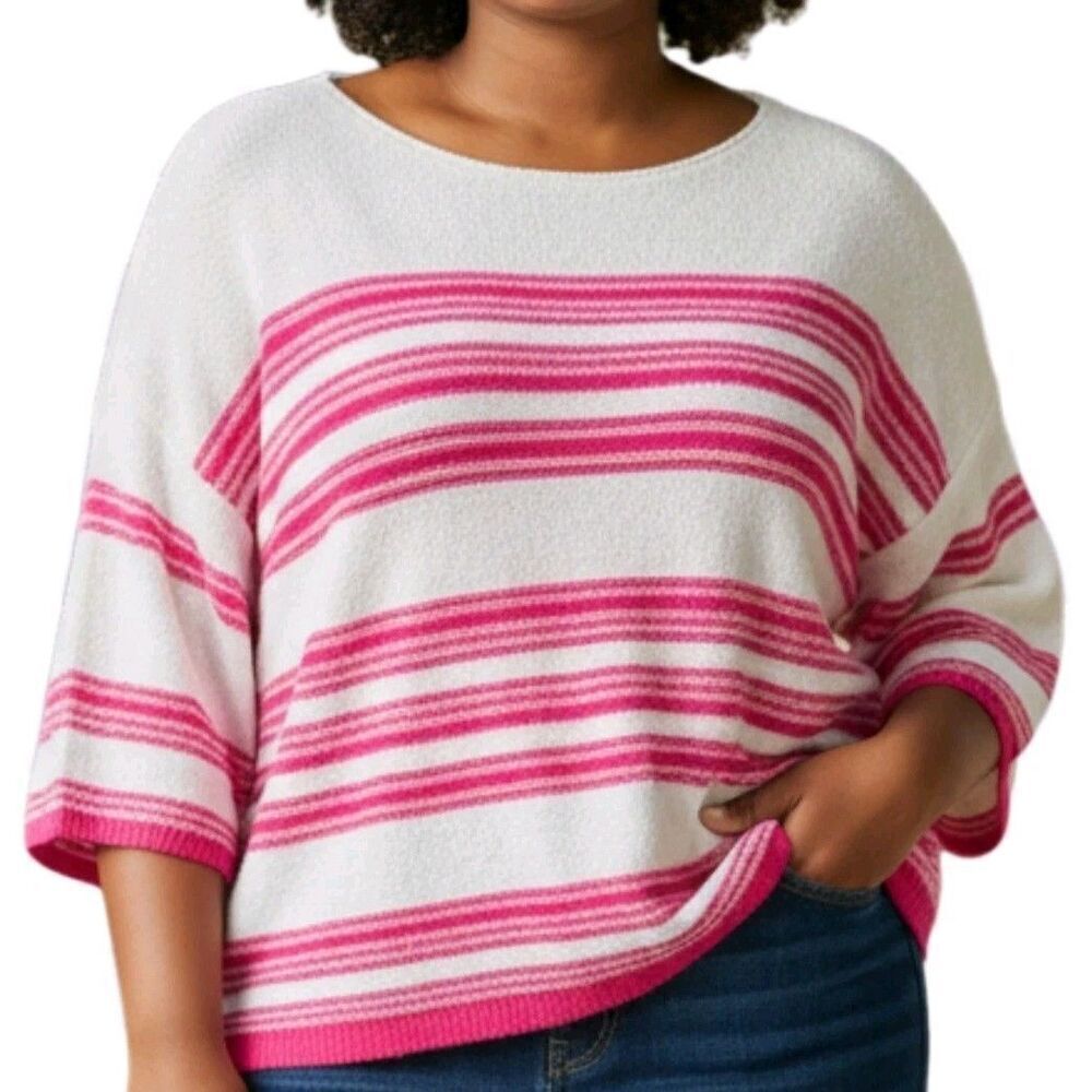Eesome Striped Knit Sweater Womens Size M White Pink Lightweight 3/4 Sleeve New